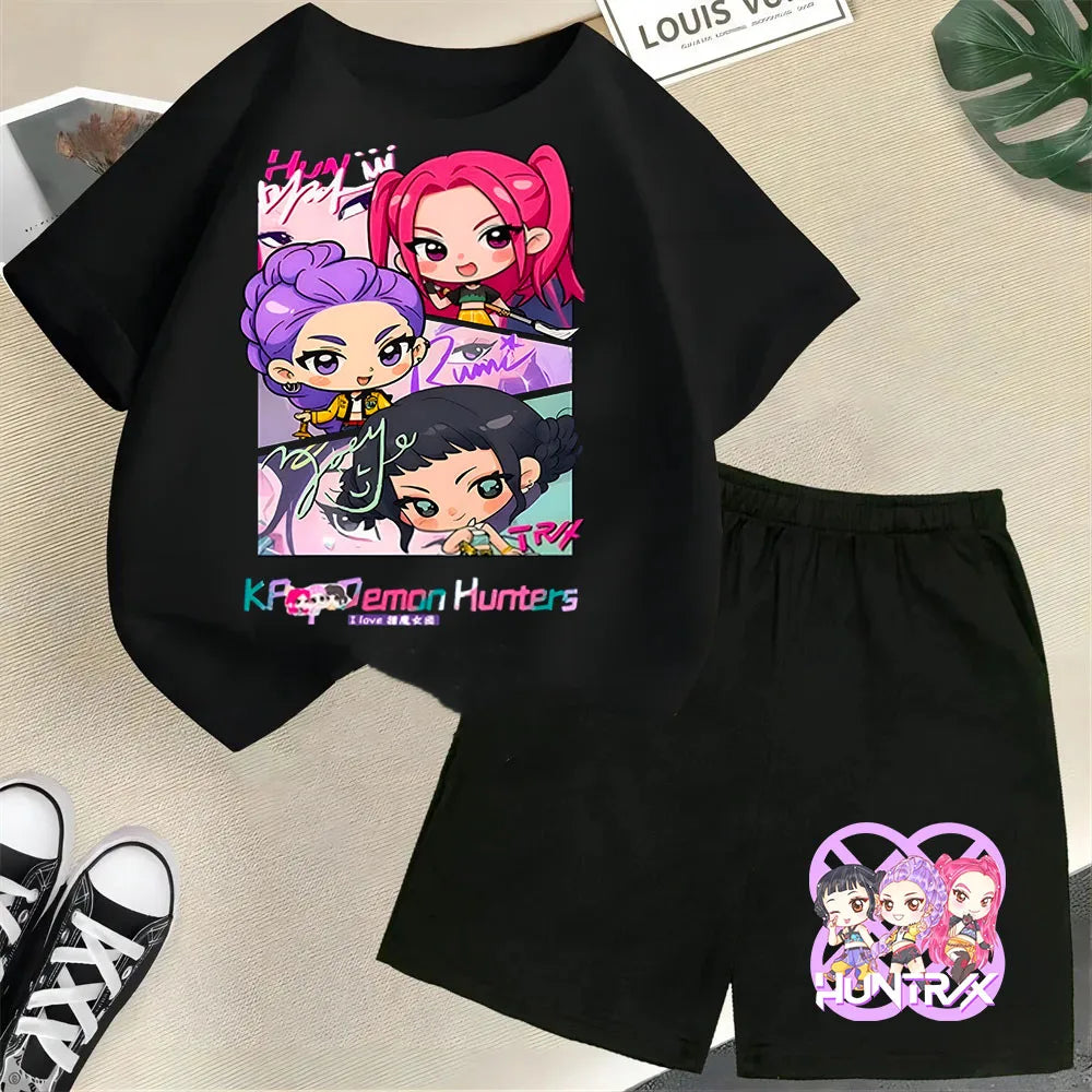 KPop Demon Hunters Saja Boys Kids T-Shirt – Cartoon Print Round Neck Casual Top (2pcs Set) - I YAN