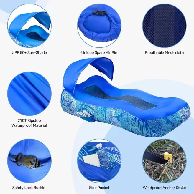 Inflatable Sofa Outdoor Camping Quick Inflatable Lazy Lounge Chair Leak Proof Beach Inflatable Bed for Travel With Sunshade