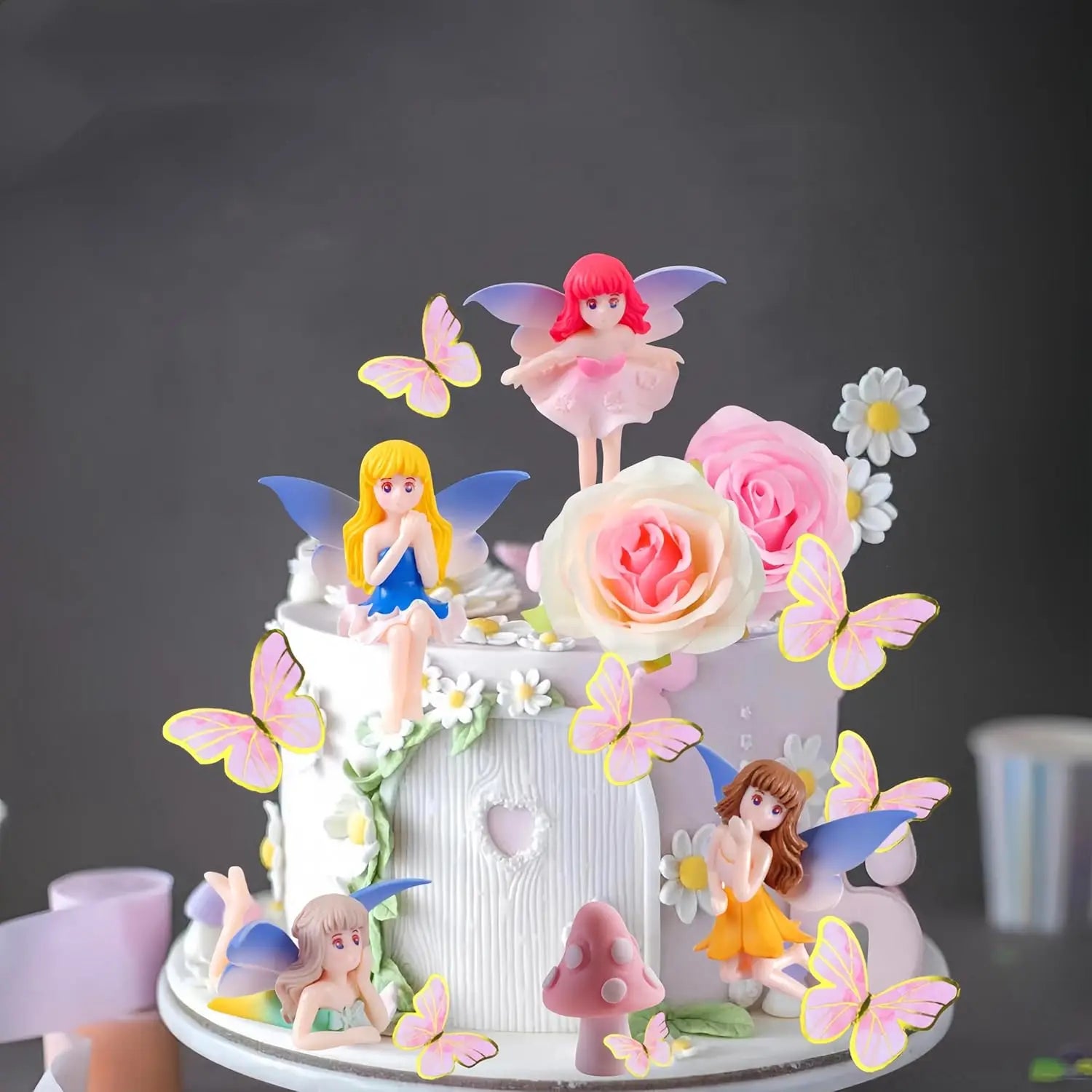 Fairy Cake Toppers Mushroom House Cake Decor Butterfly Cake Decor Fairy Garden Topper Fairy Party Supplies Flower Cupcake Topper