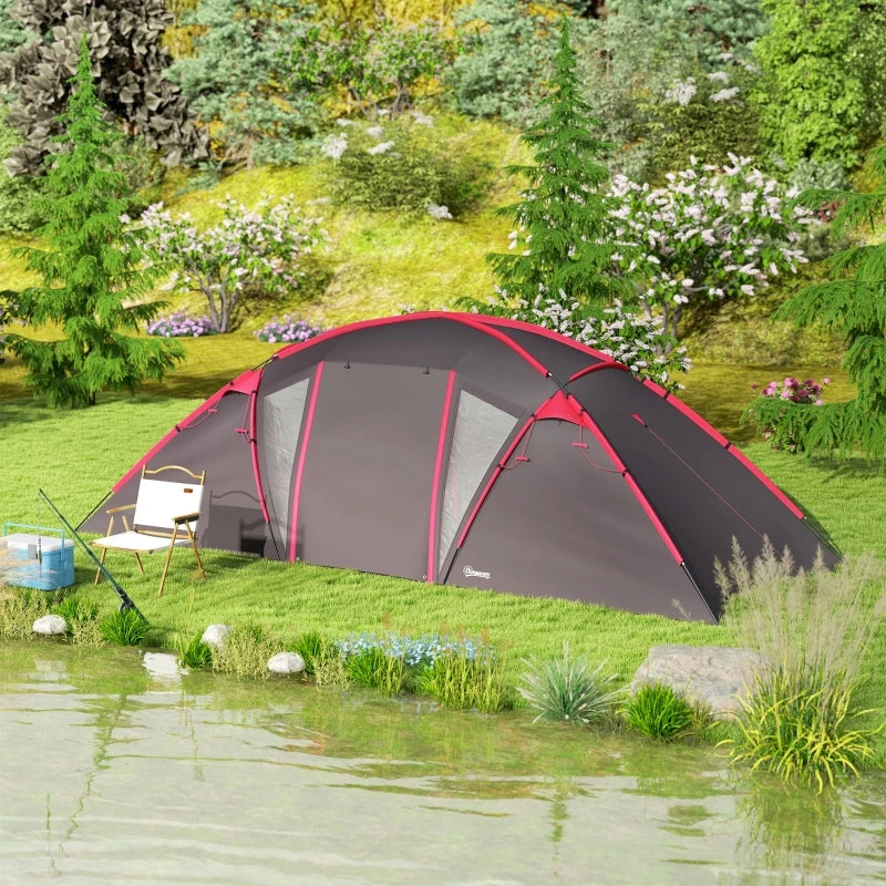 4-6 Man Family Camping Tent w/ 2 Bedrooms and a Living Room,with Waterproof Tunnel,Doors,Windows,Carry Bag, Grey  ﻿