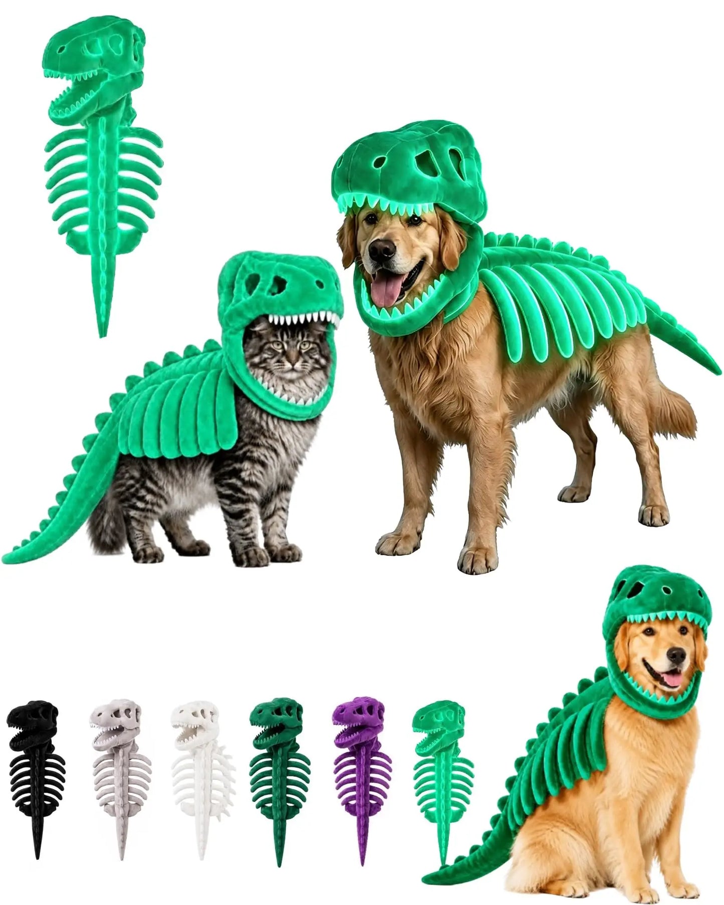 3D plush T-Rex dinosaur pet costume for cats and dogs, featuring a detailed Halloween outfit by I YAN.