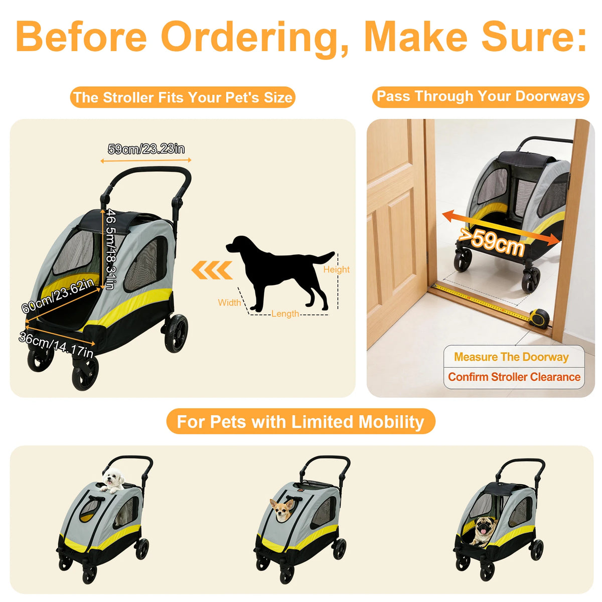 I YAN premium dog stroller with four wheels, foldable design, and spacious cabin for small to large dogs during travel or walks.