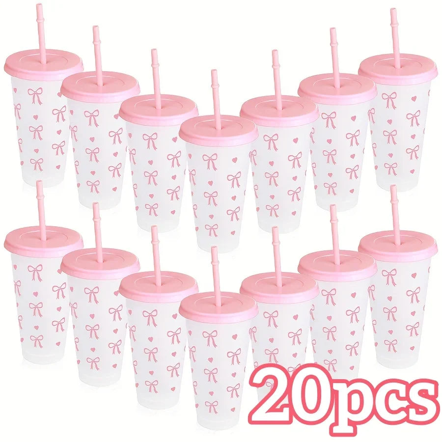 2/20pcs  Reusable Party Cups with Straw & Lid Cute Bow Plastic Tumblers for Cold Drinks Home Office Outdoor Use