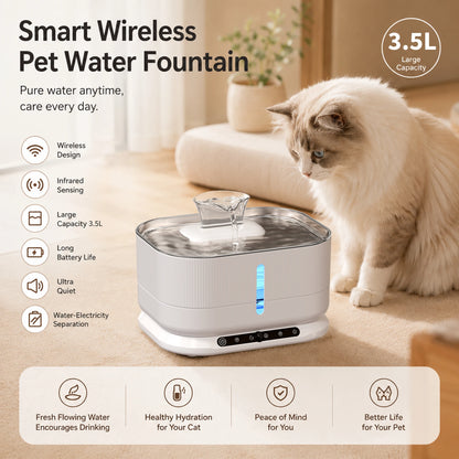Cordless Cat Water Fountain 3.5L 8000mAh Rechargeable Wireless Pet Water Dispenser Separate Water & Electricity Safe Automatic Circulating Drinking Fountain for Cats Small Dogs