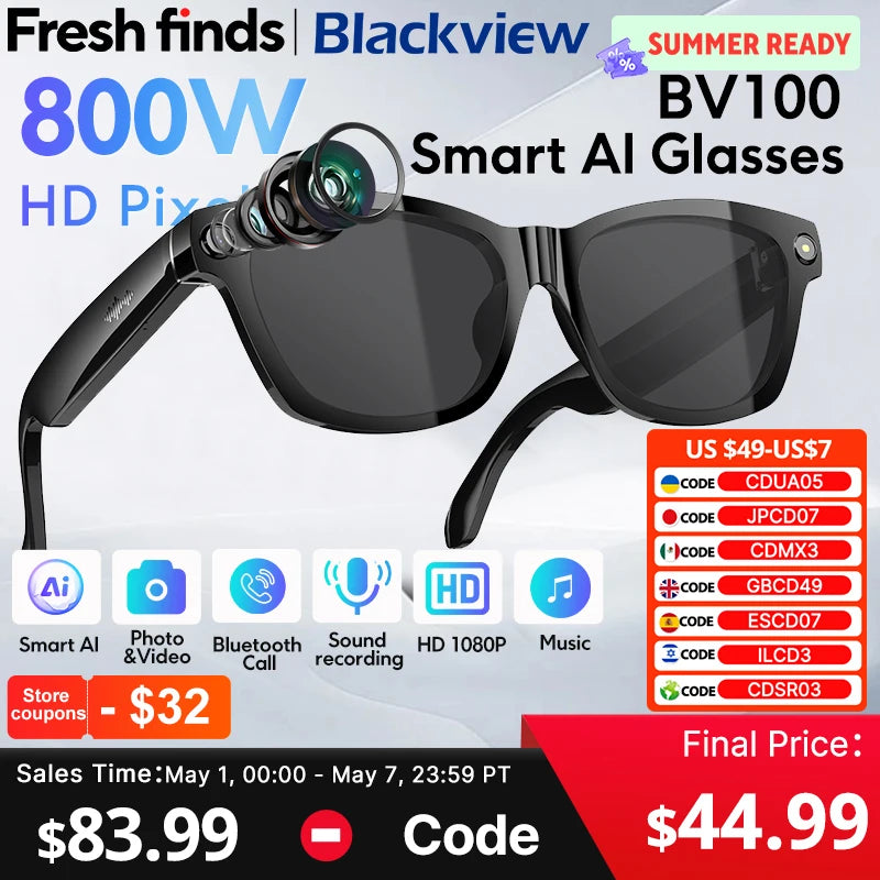 【World premiere】Blackview BV100 AI Shooting glasses 2K HD 800W Pixels camera Bluetooth Call Voice Assistant Smart Glasses