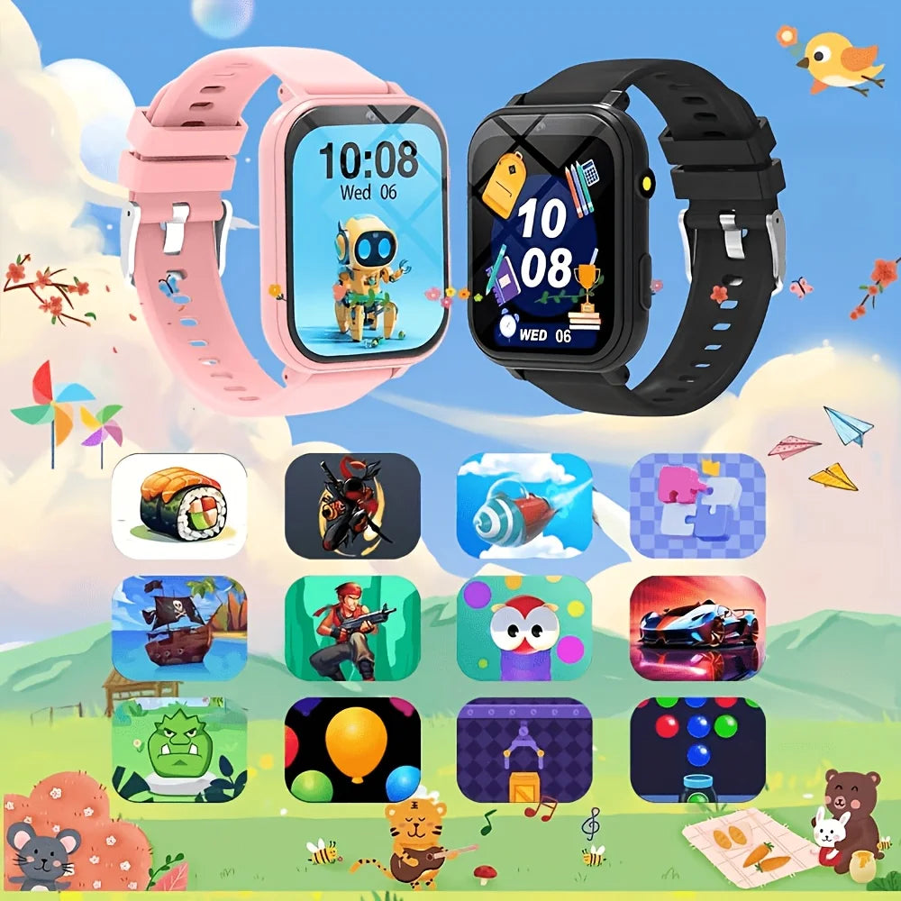 Youngsters' I YAN smartwatch with HD touchscreen, camera, music player, puzzle games, pedometer, and flashlight for kids aged 6-12.