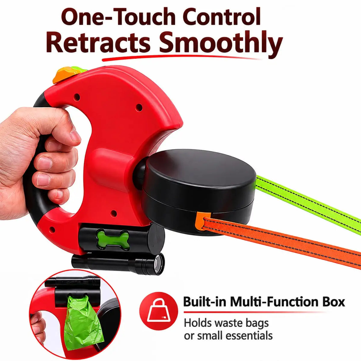 I YAN dual retractable dog leash with LED light for small dogs, featuring a compact design and comfortable grip.