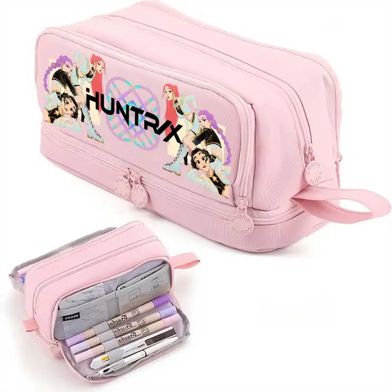 I YAN Kpop Demon Hunters pencil case, double-layer anime stationery bag with demon hunter design, ideal for kids' school supplies.