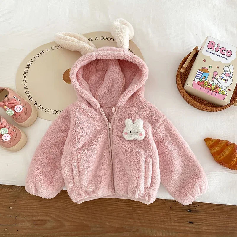 Plush Baby Girls Boys Jacket Spring Autumn Keep Warm Zipper Hooded Outerwear Cute Rabbit Bear Infant Coat 0-5 Years Kids Clothes