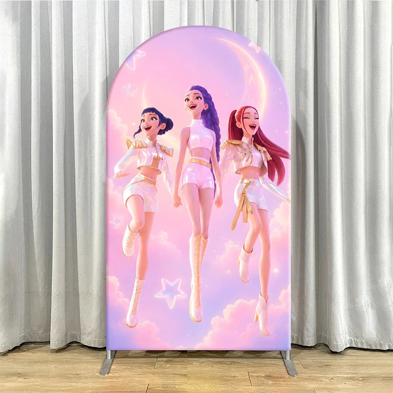 Kpop Demon Hunters Arch Backdrop Cover, Pink Starry Sky Arched Banner for Girls Birthday Party, Custom Spandex Photo Background