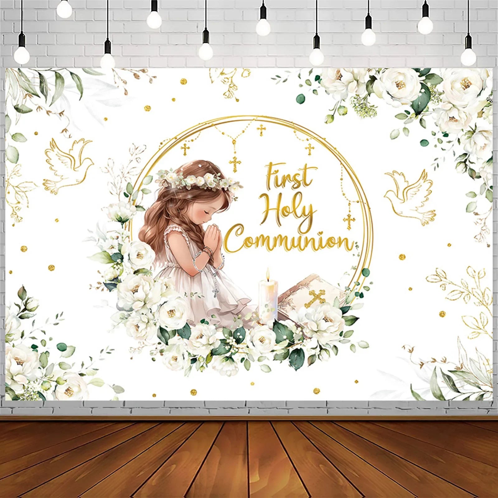 First Holy Communion Backdrop Gold Dots Flowers Gold Cross Boy or Girl My Baptism Party Decor Kids God Bless Photo Background
