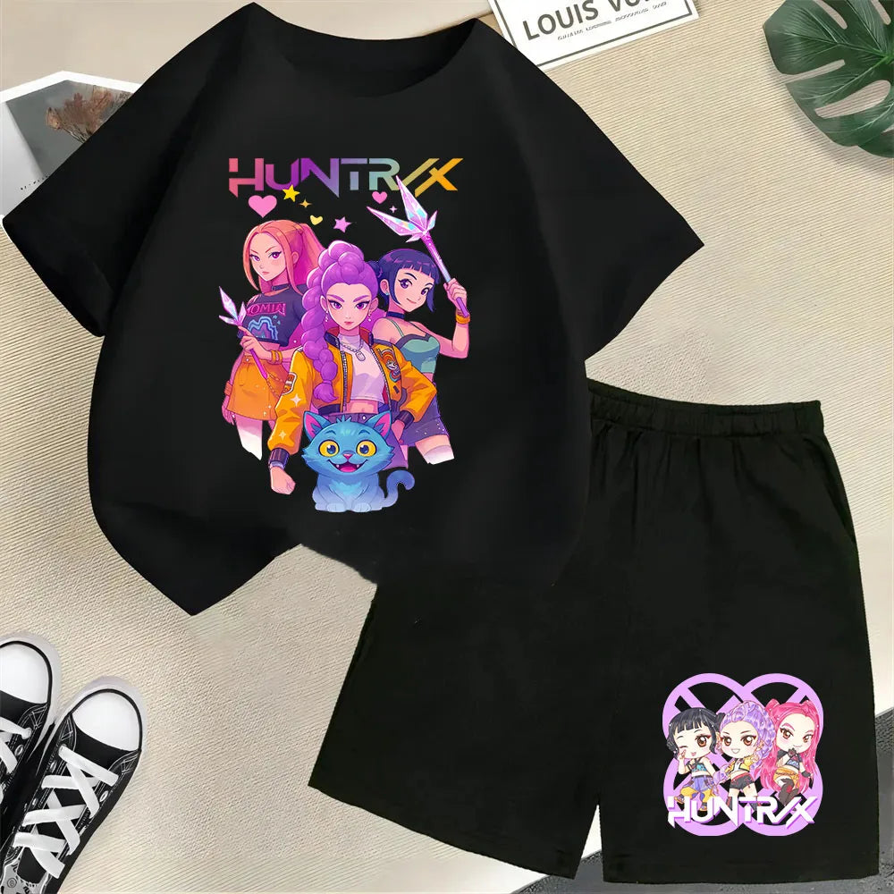 KPop Demon Hunters Saja Boys Kids T-Shirt – Cartoon Print Round Neck Casual Top (2pcs Set) - I YAN