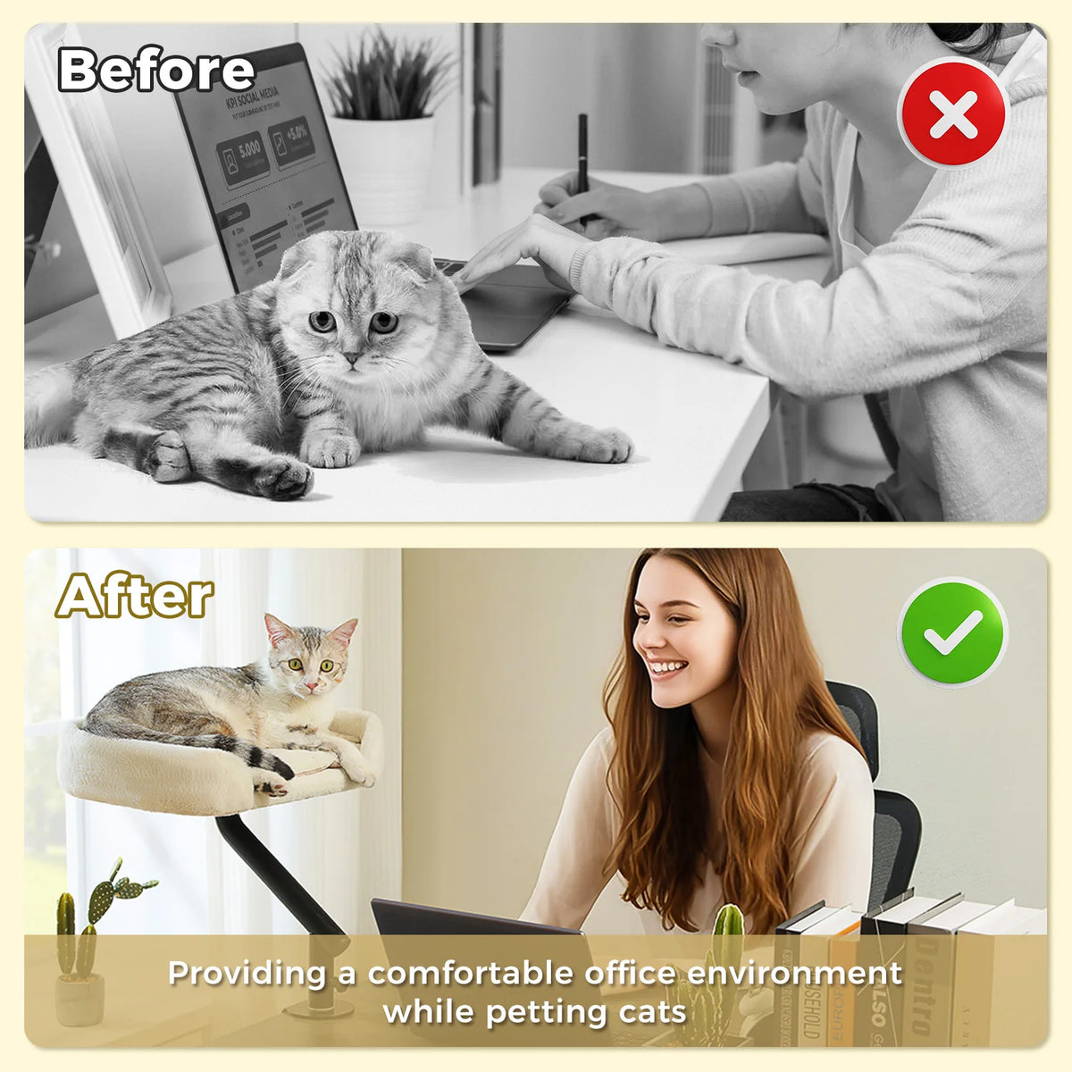 Soft I YAN cat desk bed with 360° rotatable stand, adjustable hammock for indoor cats, perfect for table or desk lounging.