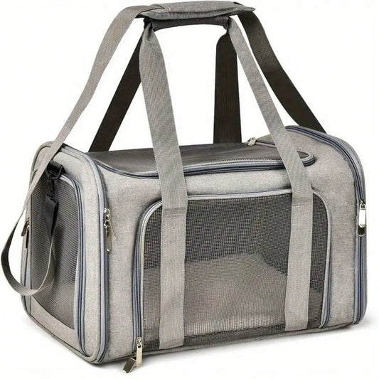 Foldable, airline-approved pet travel bag by I YAN with zip closure, soft polyester, suitable for small to medium dogs and cats.