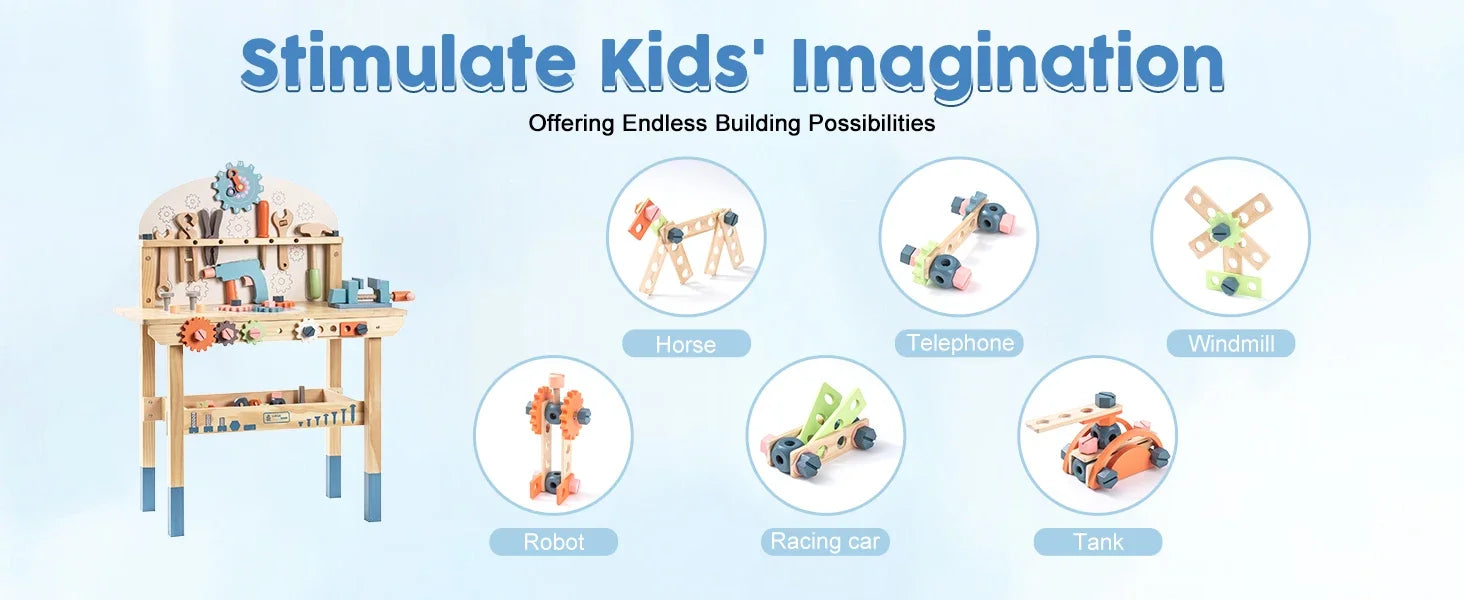 Robotime Robud I YAN wooden kids tool bench set with construction tools for boys and girls aged 3+.