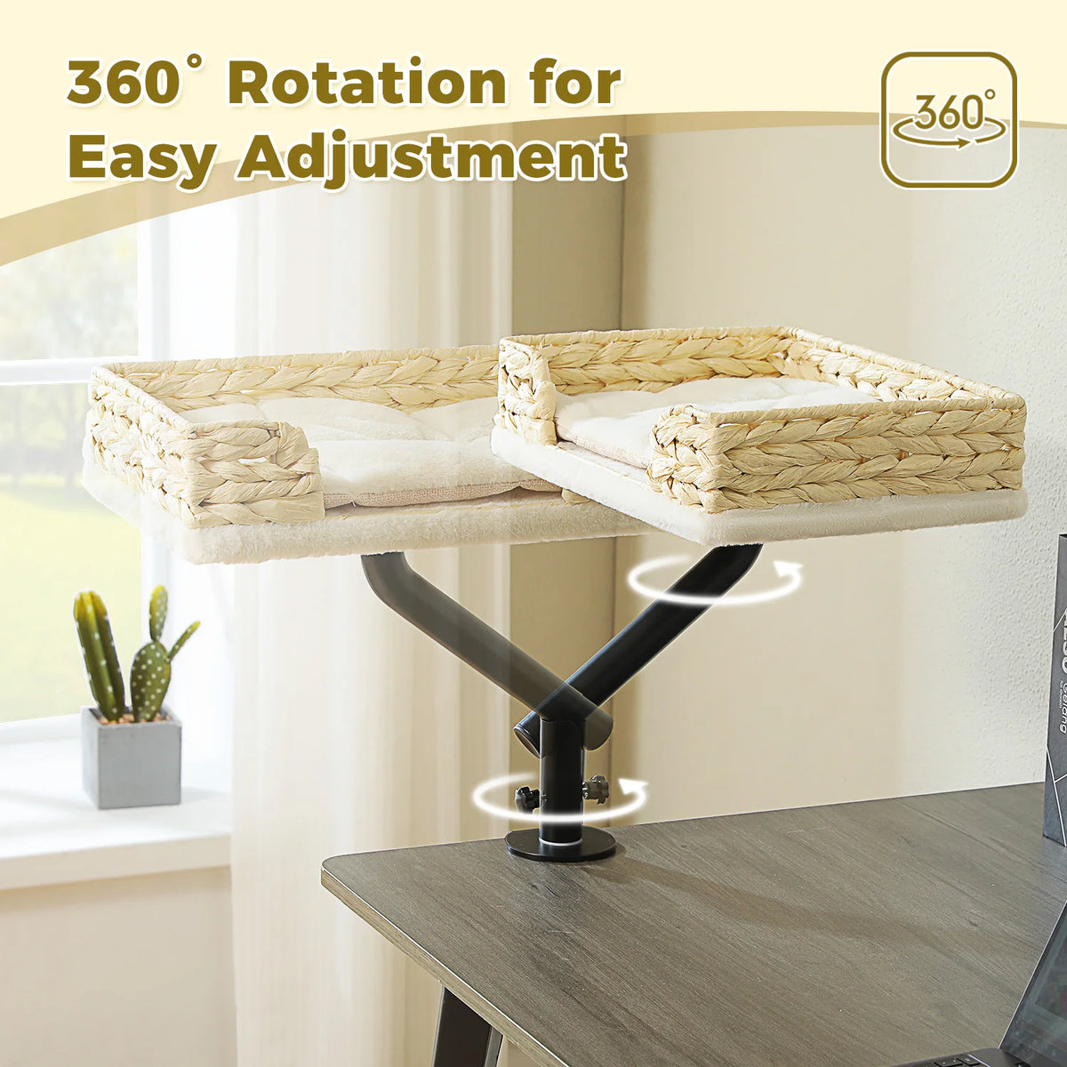 I YAN 360° rotatable cat desk bed with soft hammock for indoor cats, adjustable stand, perfect for comfortable indoor lounging.