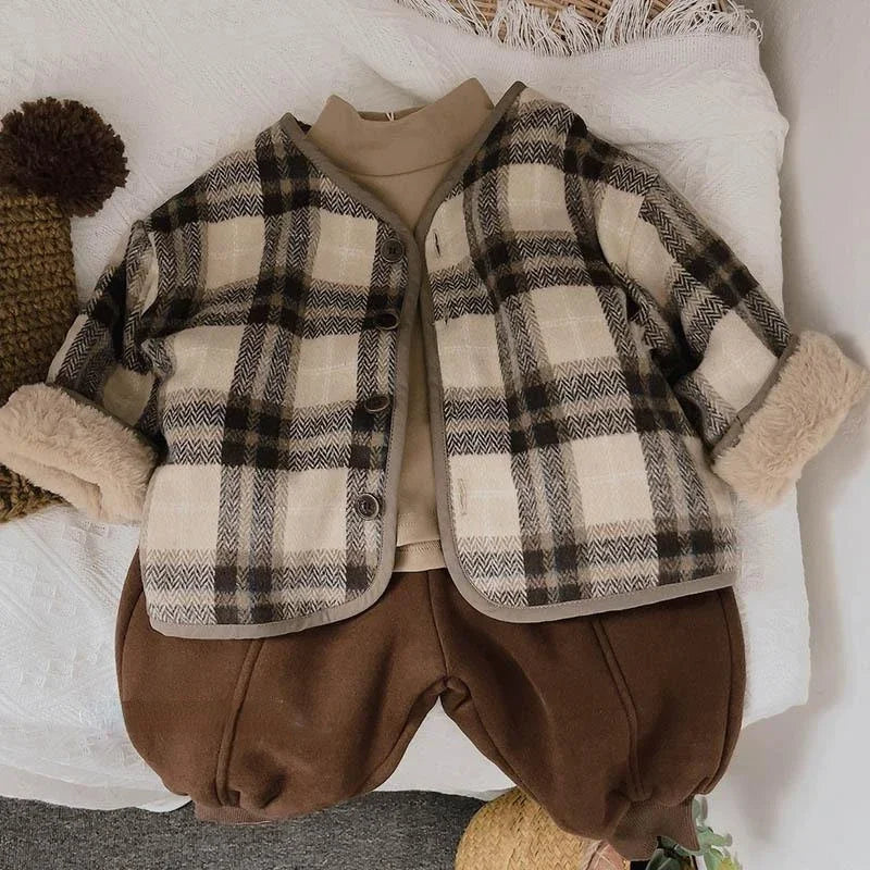 Woolen Plaid Children's Plush Coat Korean Version Autumn and Winter New Boys' and Girls' Coats Loose Baby Cotton Padded Clothes