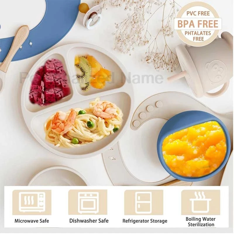 Personalized Baby Feeding Set 8-Piece – Silicone Plate Bowl Cup & Bib with Free Name Print - I YAN