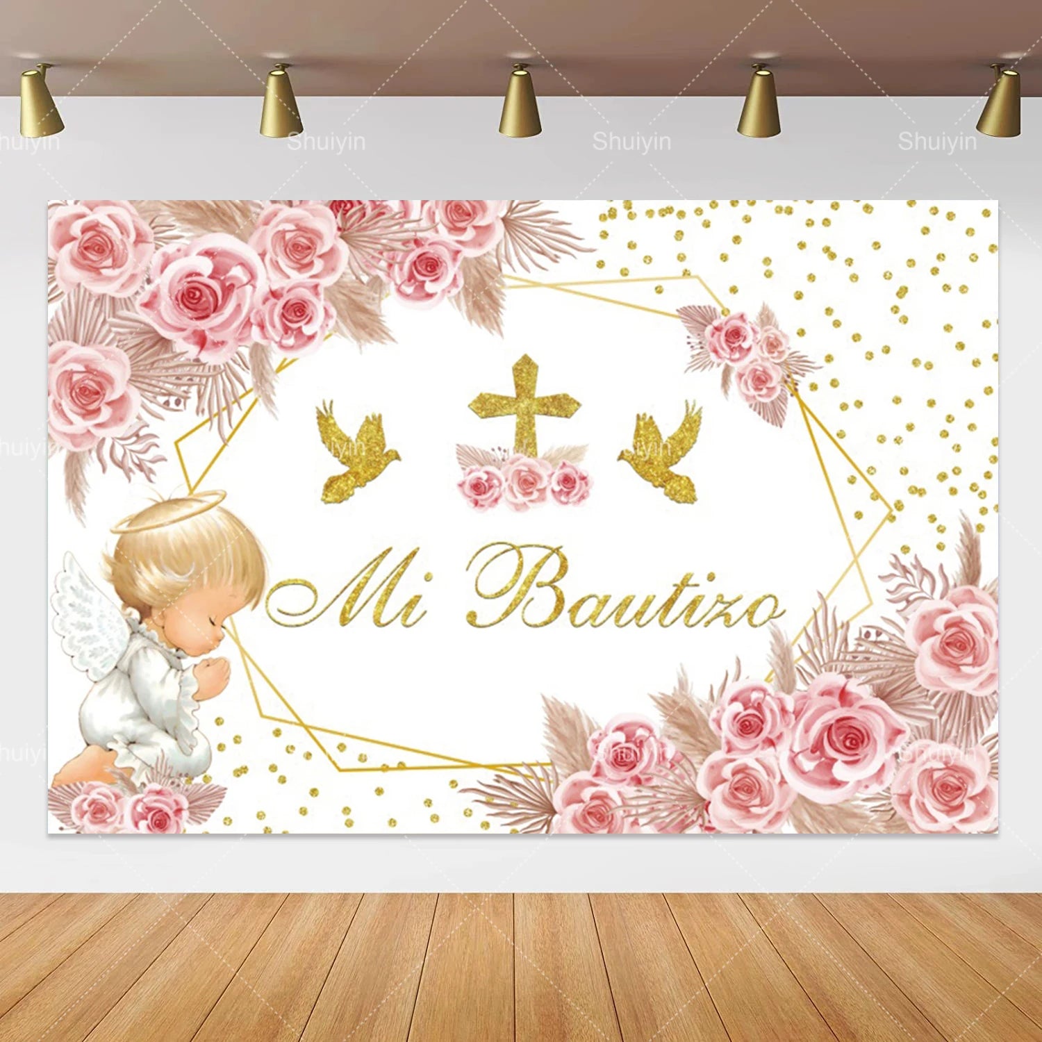 Boy Girl First Communion Backdrop Gold Cross Grail God Bless Baptism Party Decor Background Christening Baby Shower Photo Props