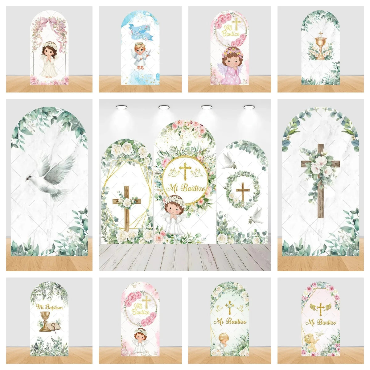 First Communion Arch Backdrop Cover Flowers God Bless Holy Cross Dove Girl Boy Baptism Baby Shower Decor Arched Background Props