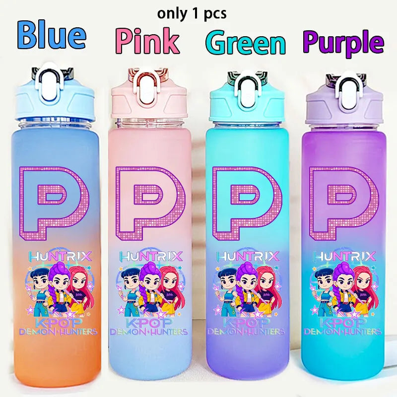 I YAN Kpop Demon Hunters 750ML water bottle with warriors letter and number design, kids' drinking cup for school use