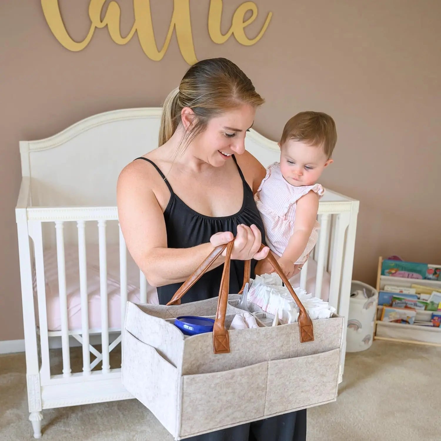 Baby felt nursery organizer basket by I YAN with handles, large pockets, perfect for diaper storage and changing supplies.