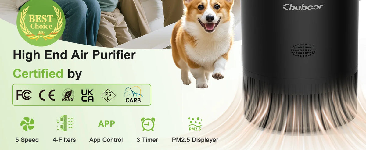 I YAN Chuboor smart air purifier with HEPA filter, app and Alexa control, PM2.5 monitor, suitable for bedroom and living room.