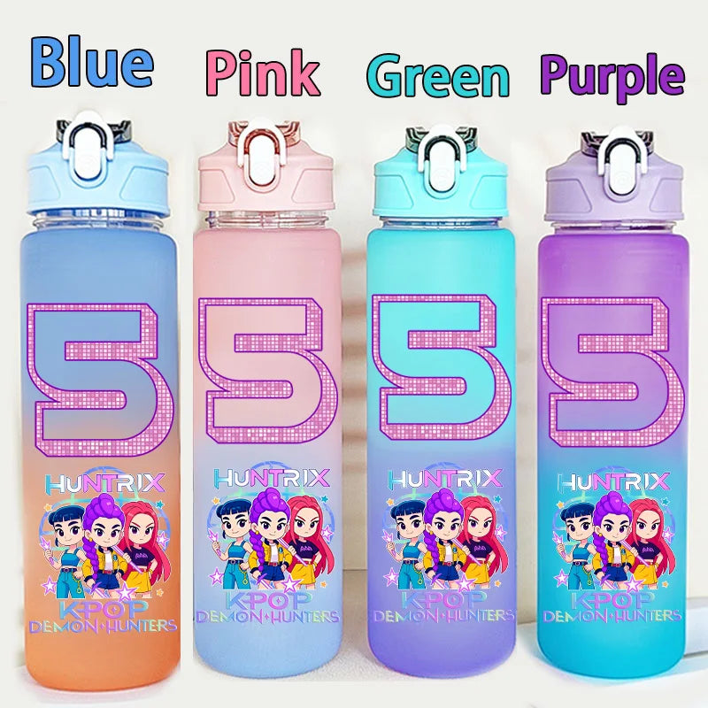 Kids Kpop Demon Hunters 750ML water bottle by I YAN featuring Warriors letter and number design, suitable for school use.