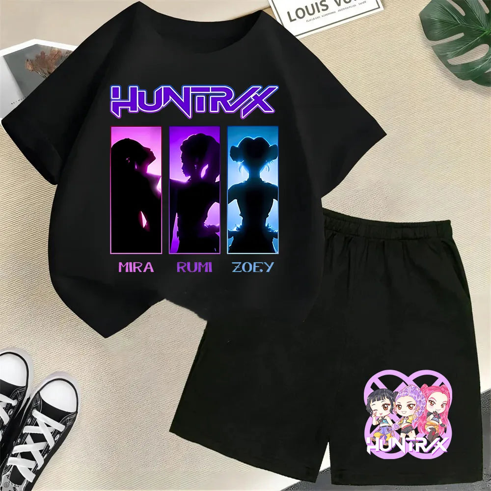 KPop Demon Hunters Saja Boys Kids T-Shirt – Cartoon Print Round Neck Casual Top (2pcs Set) - I YAN