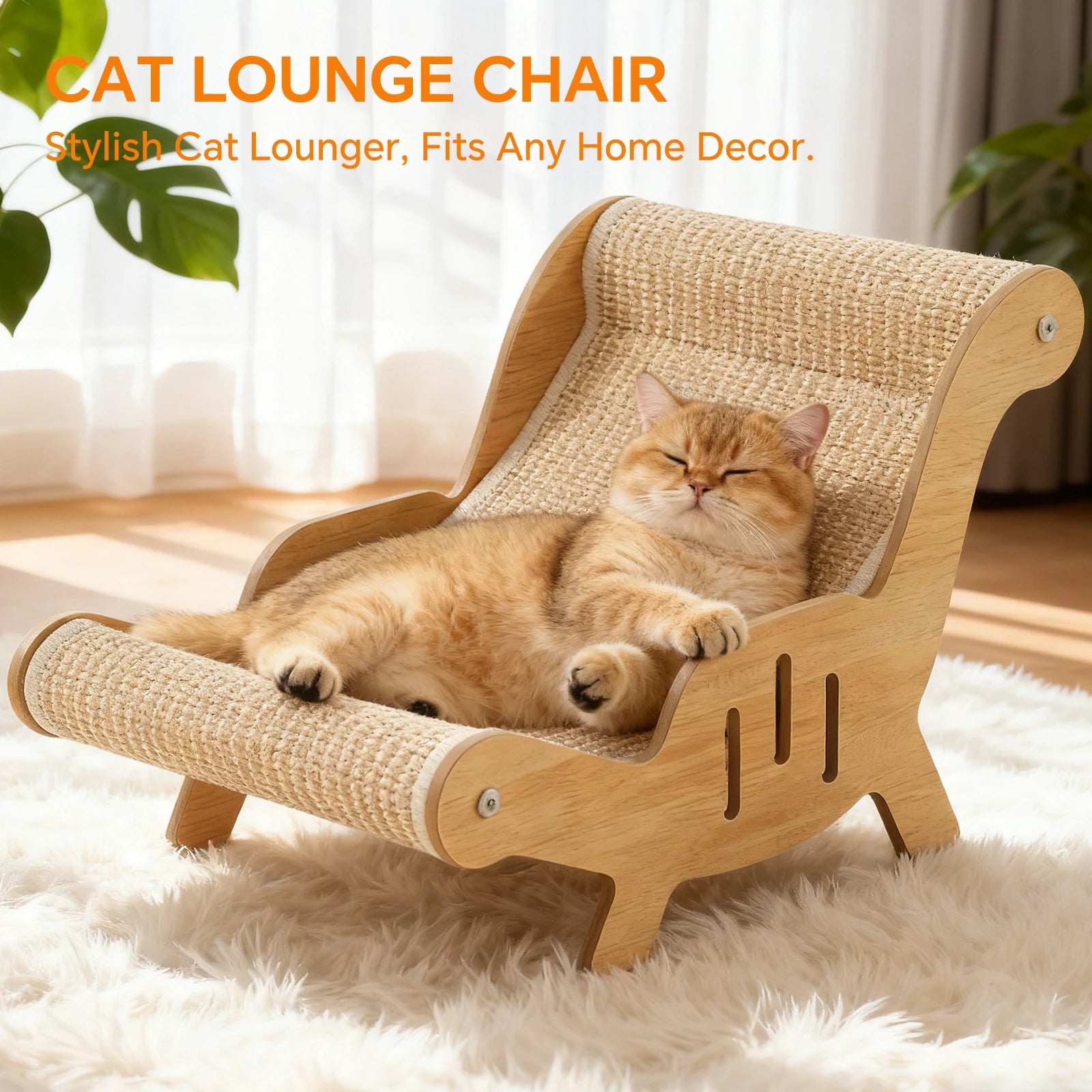 2 in 1 Wooden Cat Scratcher Bed, Multifunctional Cat Recliner Scratching Board with Replaceable Wear Resistant Scratch Pad, Stable Cat Lounge Furniture for Kitten Resting Grinding Claws