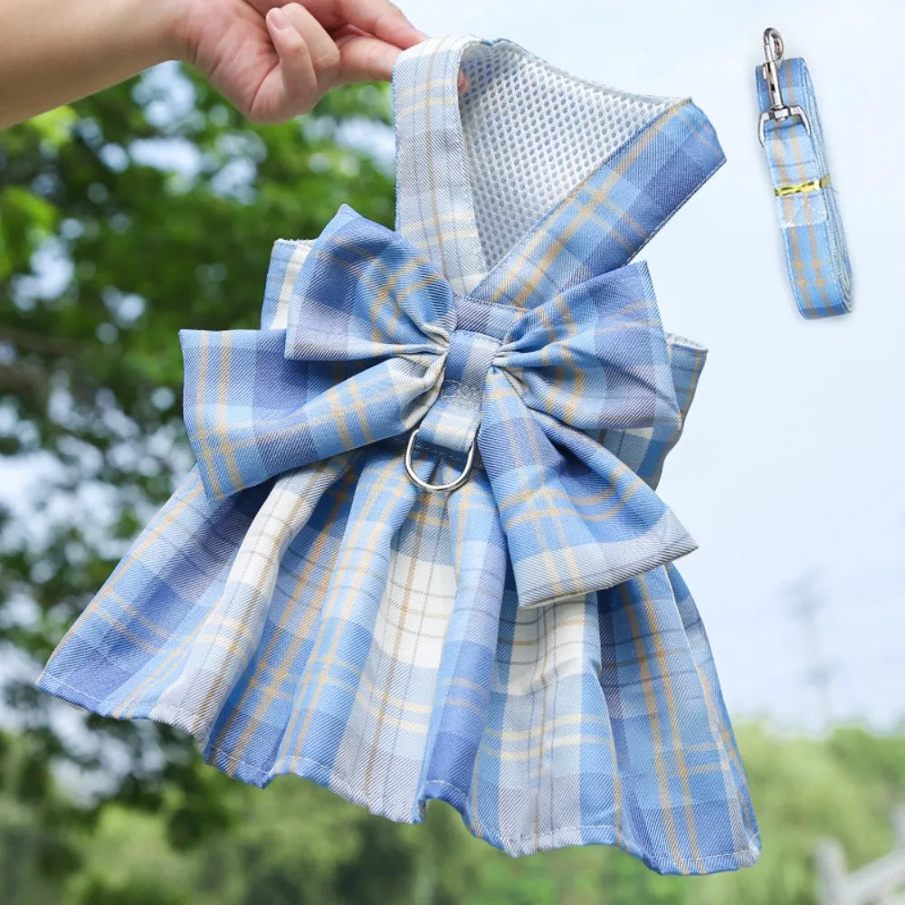 I YAN reusable plaid dog harness with leash, adjustable washable pet dress, thin Dacron fabric, and cute bow skirt for small dogs.