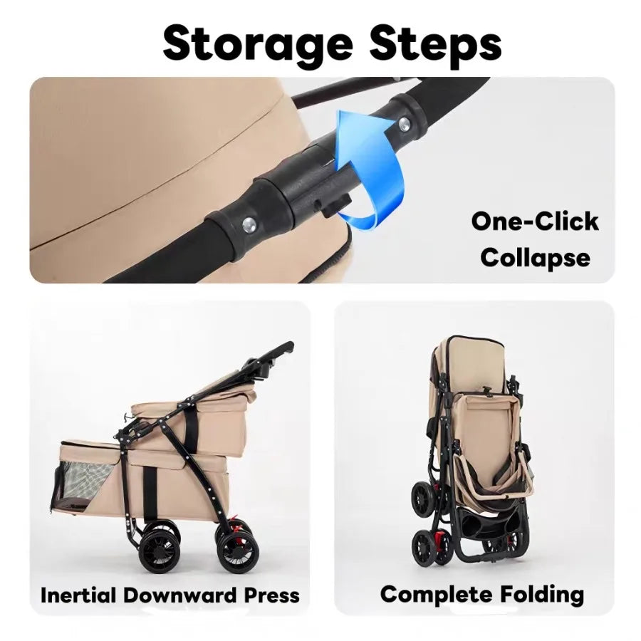 Foldable I YAN double pet stroller with lockable wheels, suitable for small cats and dogs, featuring two carriages for travel.