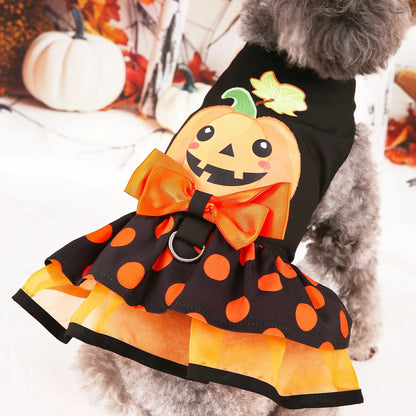 Halloween Pumpkin Dog Dress with Bow – Cute Costume for Small Dogs