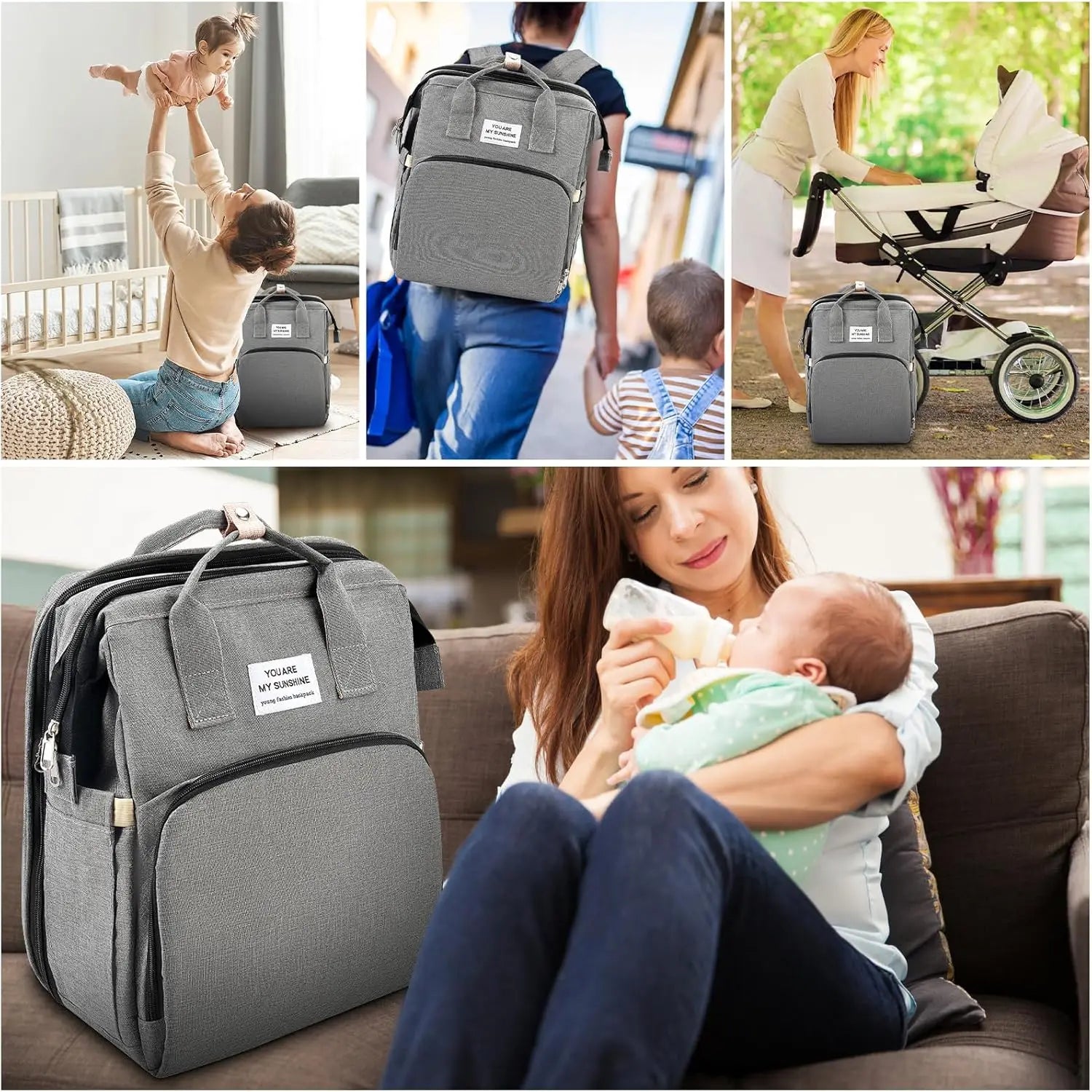 Baby Changing Nappy Bag with Changing Mat Large Capacity for Mum Waterproof Portable Backpack Foldable Bed Stroller StrapsTravel