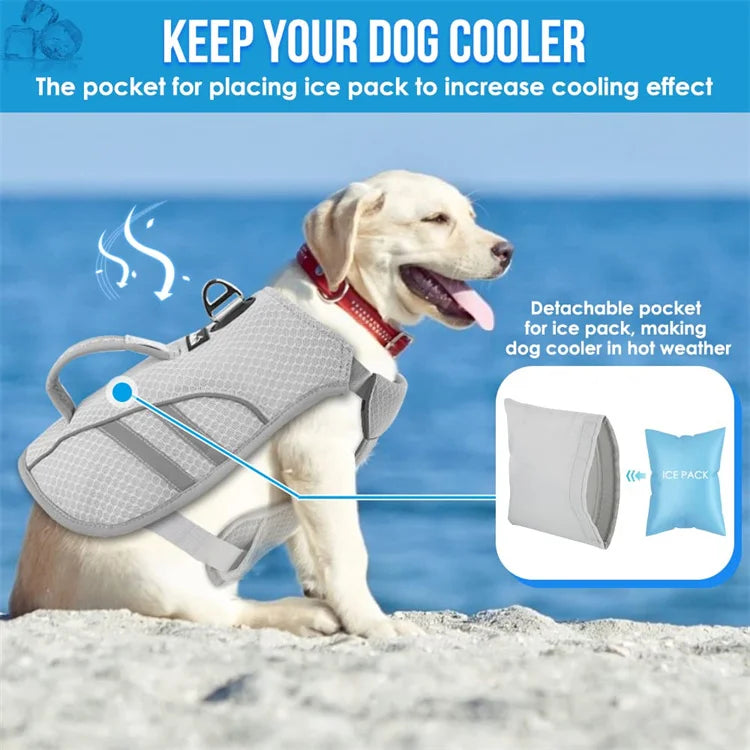I YAN dog cooling vest harness with ice pack pocket, breathable reflective jacket for medium and large dogs, shown on a dog.