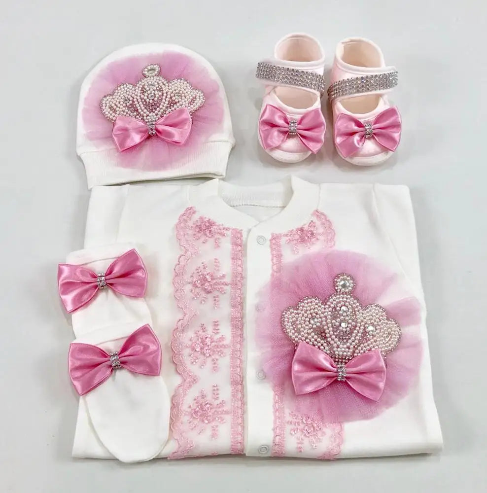 Luxury Newborn Baby Romper Set 4-Piece – Crystal Crown Layette for Photography & Coming Home - I YAN