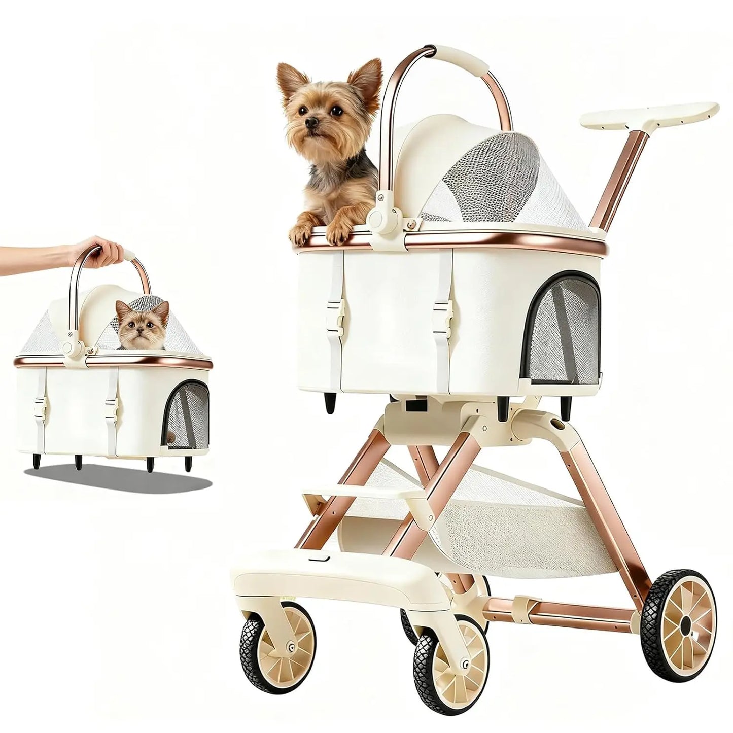 All-Terrain Pet Stroller, Lightweight Aluminum Frame, Beige, Shock Absorption Wheels