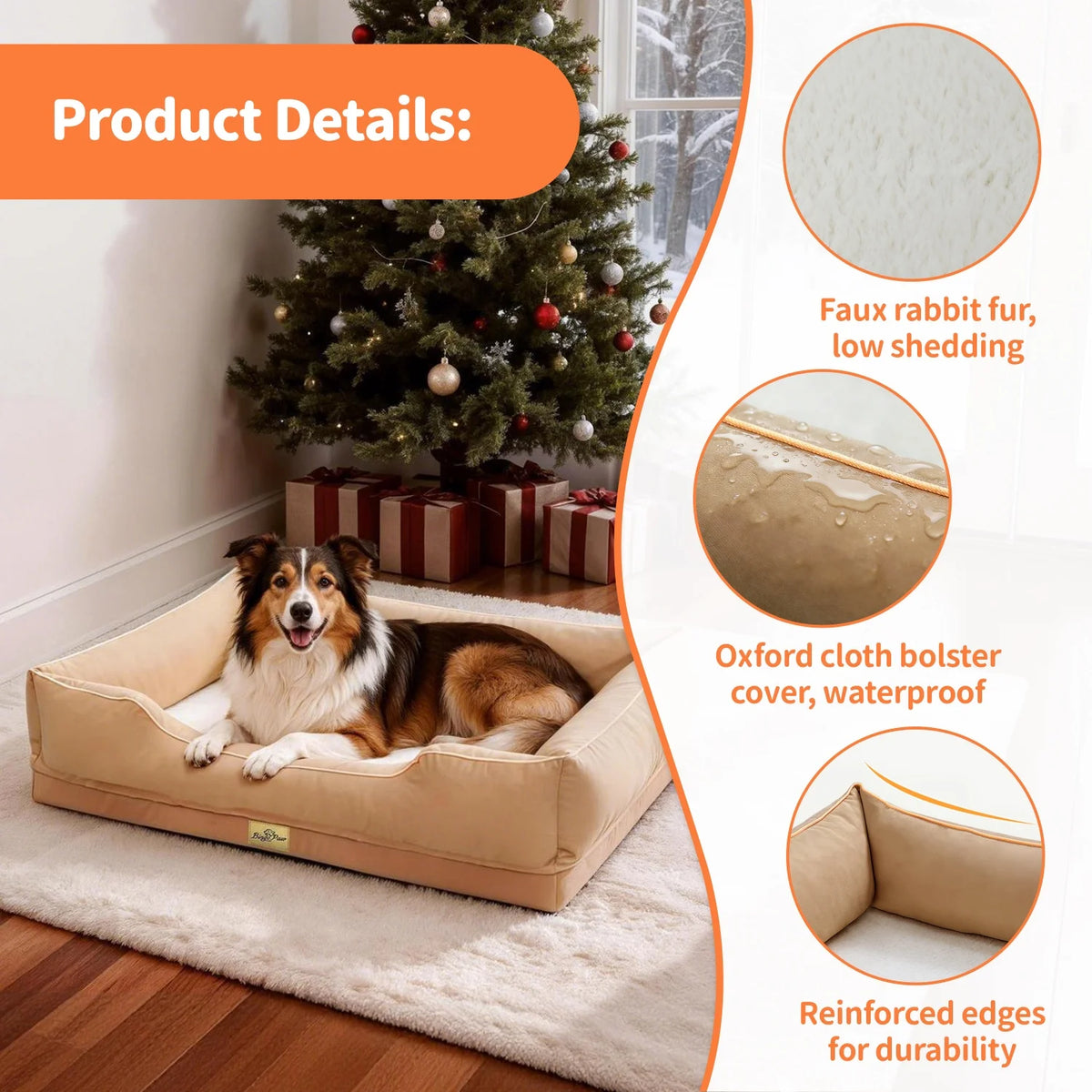 Orthopedic dog bed with Oxford fabric, bolster sides, foam base, waterproof lining, and removable cover in M/L/XL sizes.