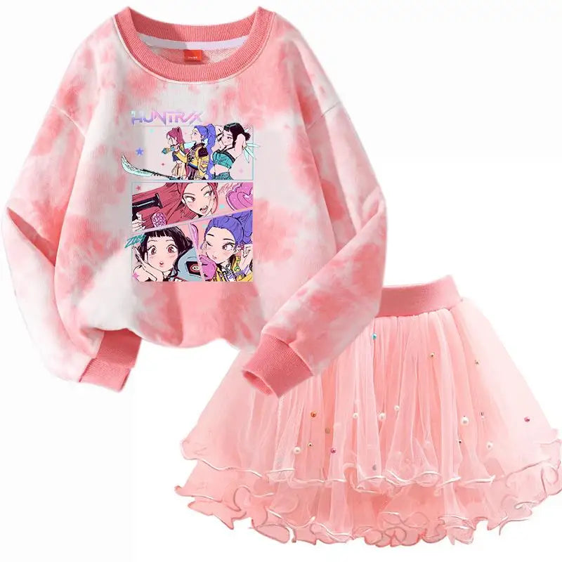 K-Pop Hunters Zoey Mira Rumi Children Sweaters Girls Tie-dye Sweatshirt Pink Pullovers Kids Tops Tulle Princess Dresses Suit