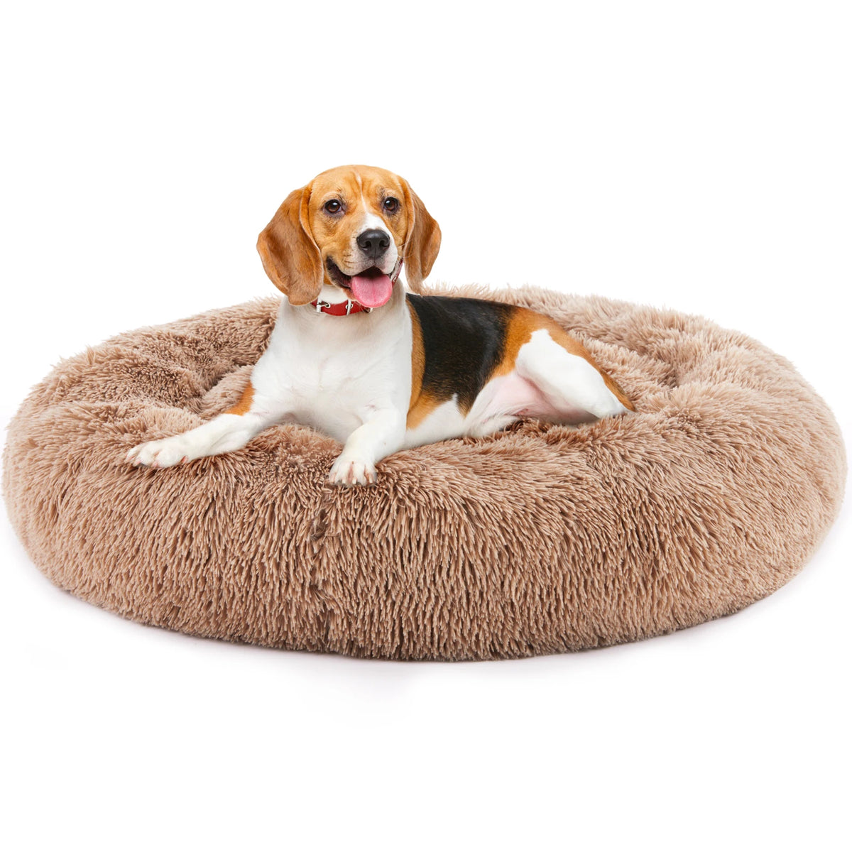I YAN JHK calming dog bed for medium to large dogs, round plush faux fur with anti-slip bottom, washable and fluffy for comfort.