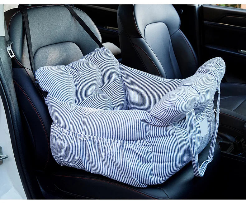Dog car seat with safety belt by I YAN, non-slip travel carrier for small dogs, shown securely in a vehicle interior.