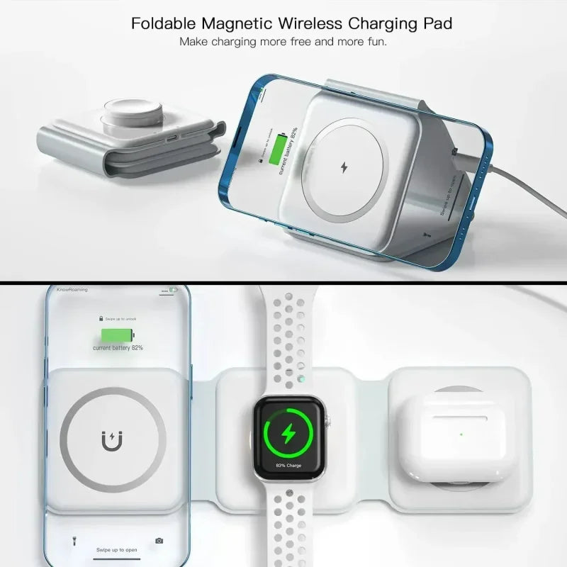 3 in 1 Portable Magnetic Wireless Charger Fast Charging Dock Station Foldable Stand Trip Charger For iPhone Apple Watch AirPods