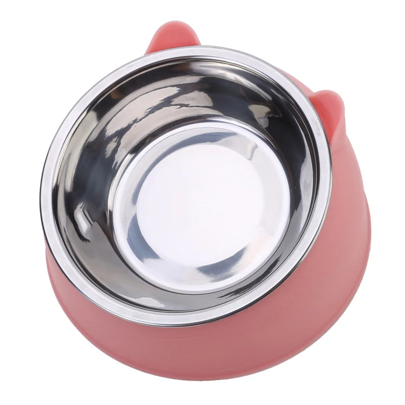 Set of stainless steel cat and dog bowls by I YAN, including inclined feeding and drinking bowls for kittens, puppies, and pets.