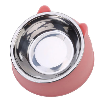 Set of stainless steel cat and dog bowls by I YAN, including inclined feeding and drinking bowls for kittens, puppies, and pets.