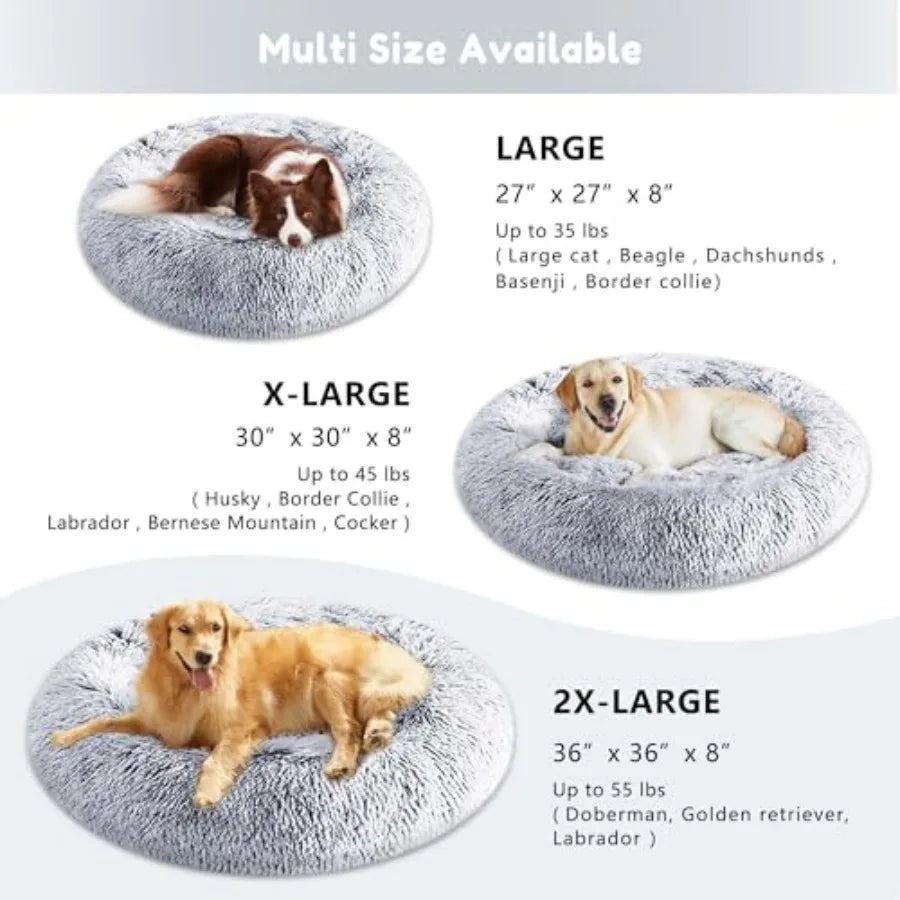 Calming anti-anxiety donut dog cuddler bed for small medium dogs and cats faux fur plush beige ultra-soft warming cozy round cu