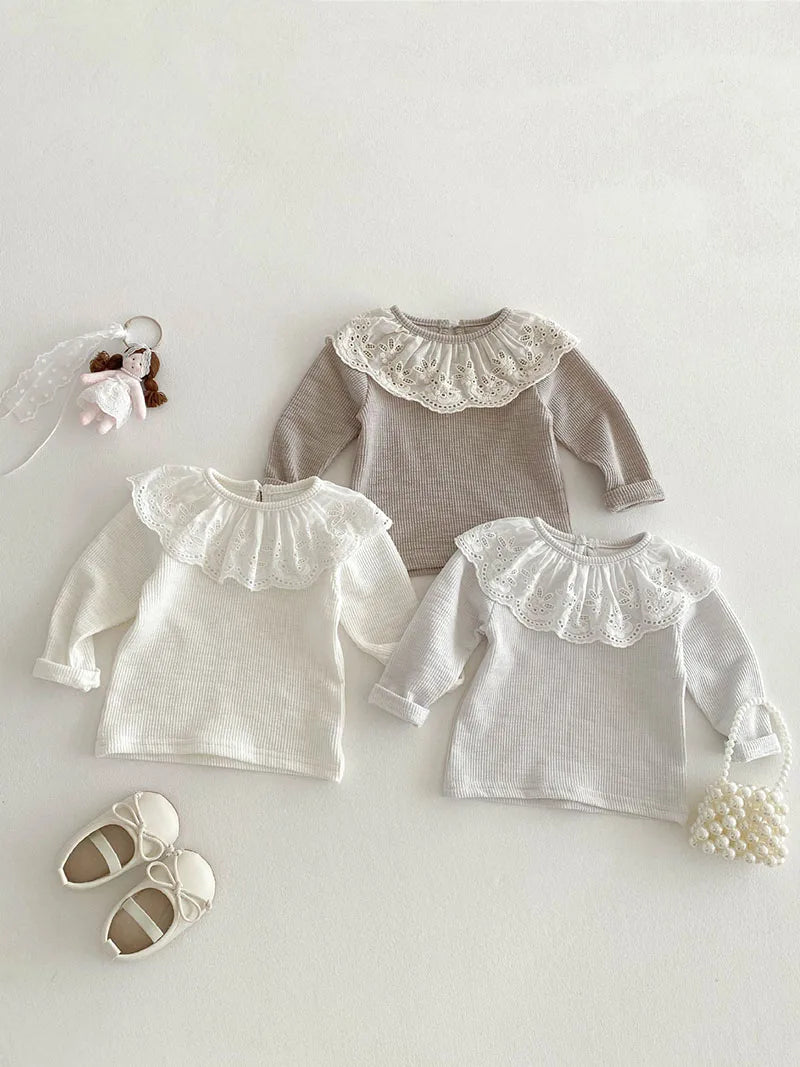 2025 Korean Sweet Newborn Baby Undershirts Infant Solid Lace Collar Matching Bottoming T-shirt Toddler Girls Leisure Tops