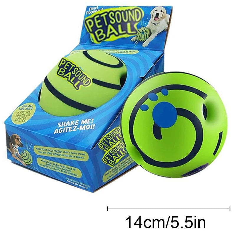 Interactive I YAN Wobble Wag Giggle Glow Ball dog toy with sound and lights, featuring bright colors and textured surface for play.