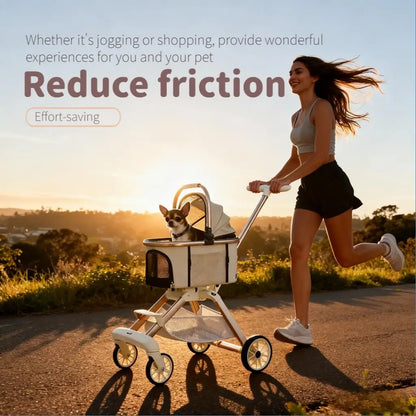 All-Terrain Pet Stroller, Lightweight Aluminum Frame, Beige, Shock Absorption Wheels
