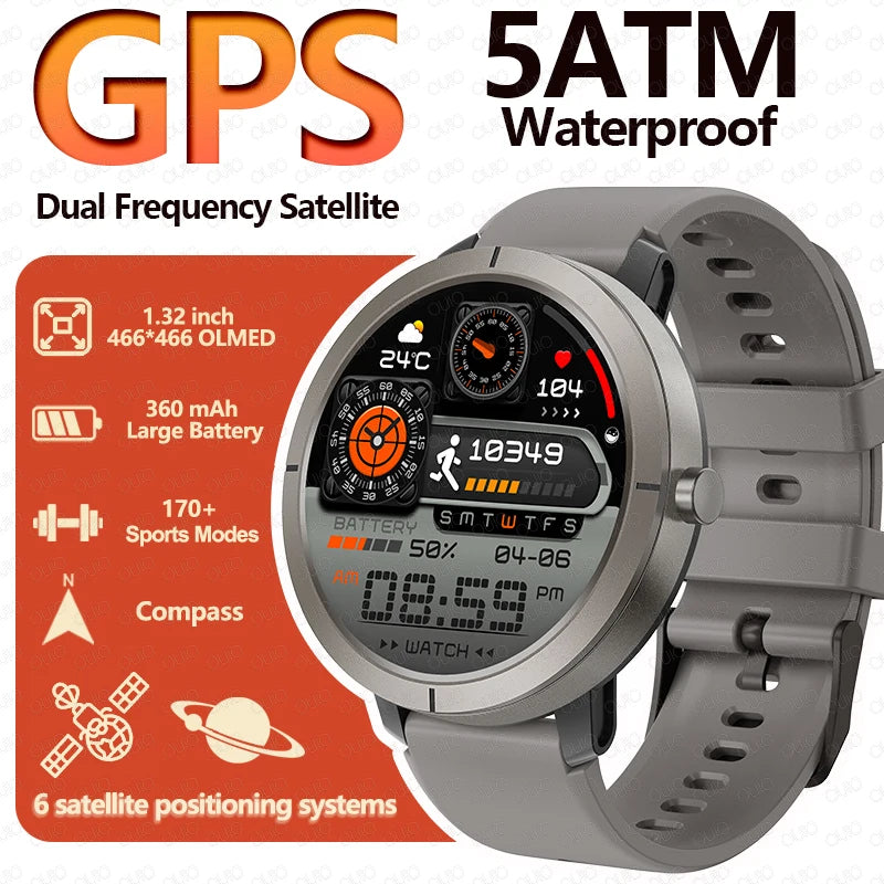 New GPS Positioning Smart Watch 1.32AMOLED 5ATM Waterproof Women Men Health Bluetooth Call 360mAh Compass 170+Sports Mode SmartWatch