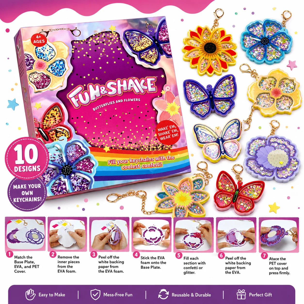 DIY arts and crafts kit by I YAN featuring glitter butterfly and flower keychain making with sequins and shaker charms for kids.